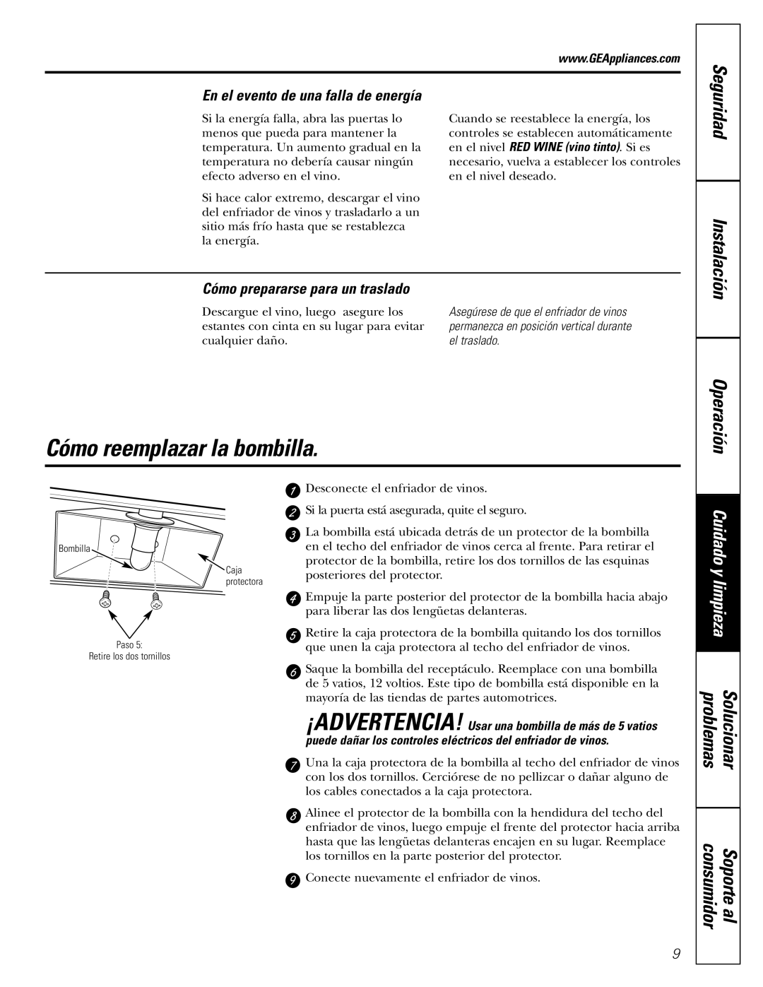 GE Profile Wine Chiller installation instructions Cómo reemplazar la bombilla, En el evento de una falla de energía 