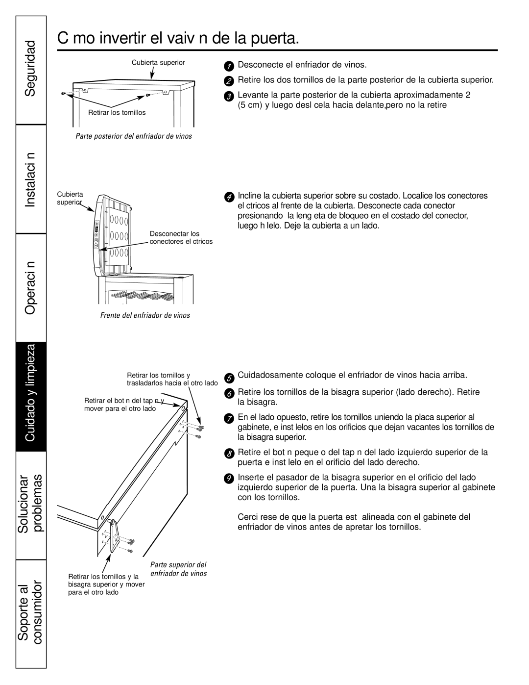 GE Profile Wine Chiller installation instructions Cómo invertir el vaivén de la puerta, Frente del enfriador de vinos 