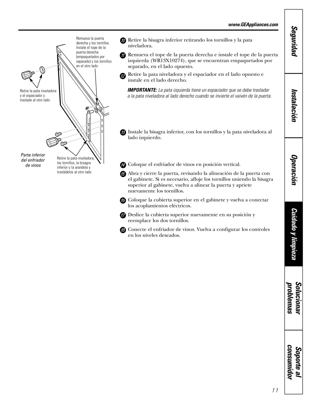 GE Profile Wine Chiller installation instructions Seguridad Instalación Operación, Parte inferior del enfriador de vinos 