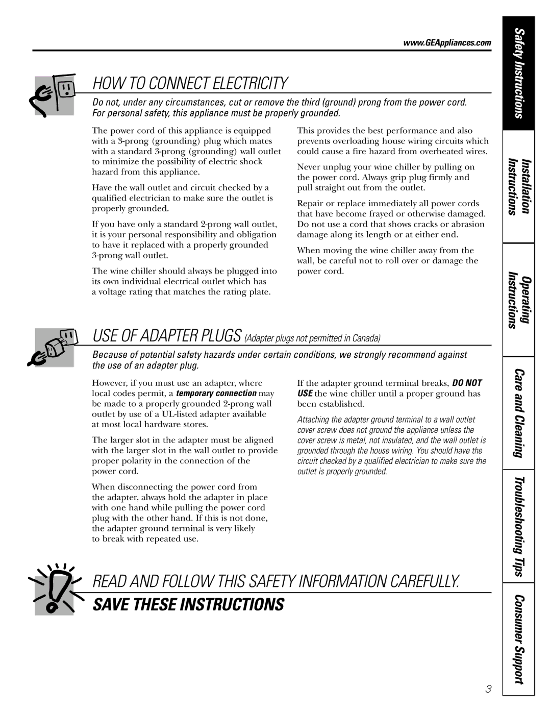 GE Profile Wine Chiller HOW to Connect Electricity, Read and Follow this Safety Information Carefully 