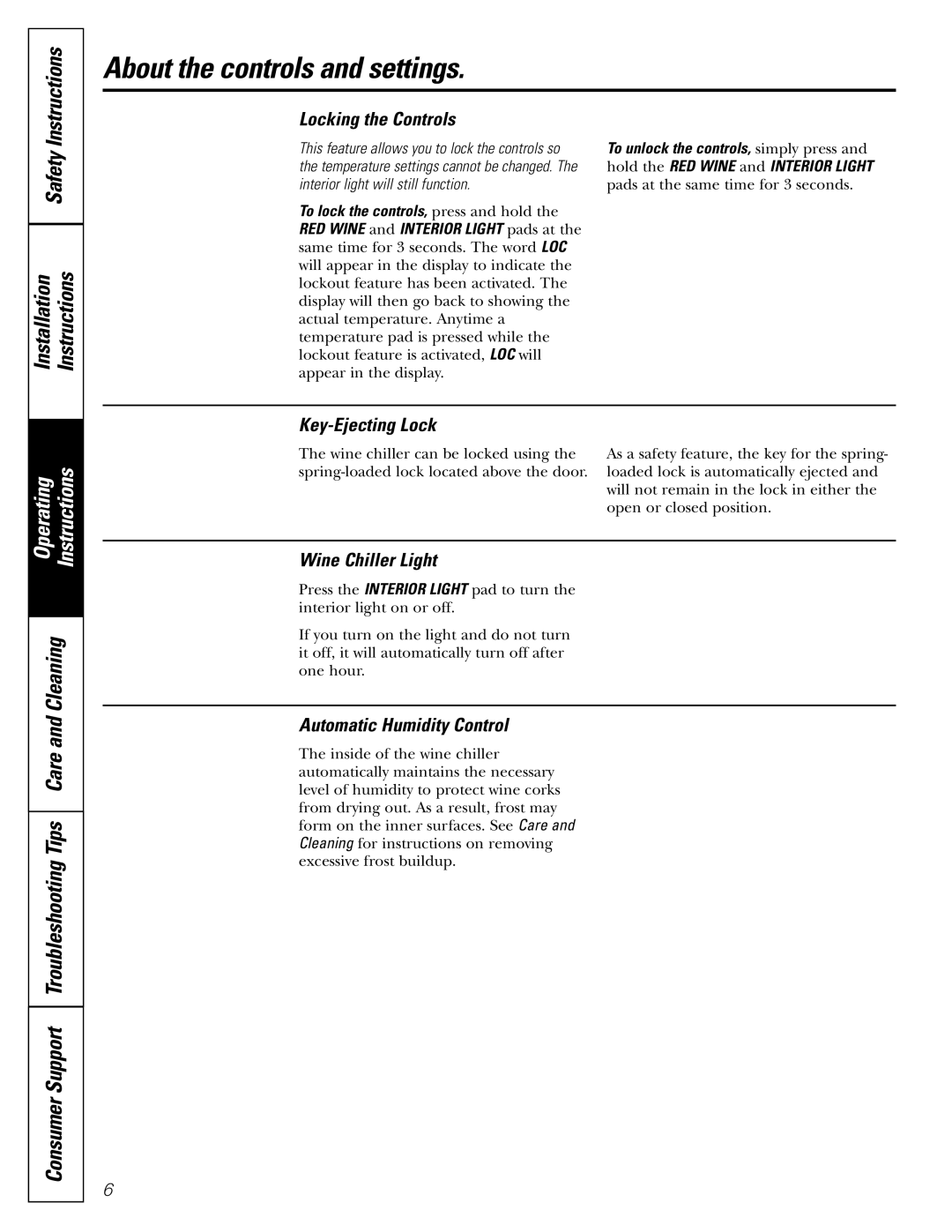 GE Profile Wine Chiller installation instructions About the controls and settings, Safety Installation Instructions 