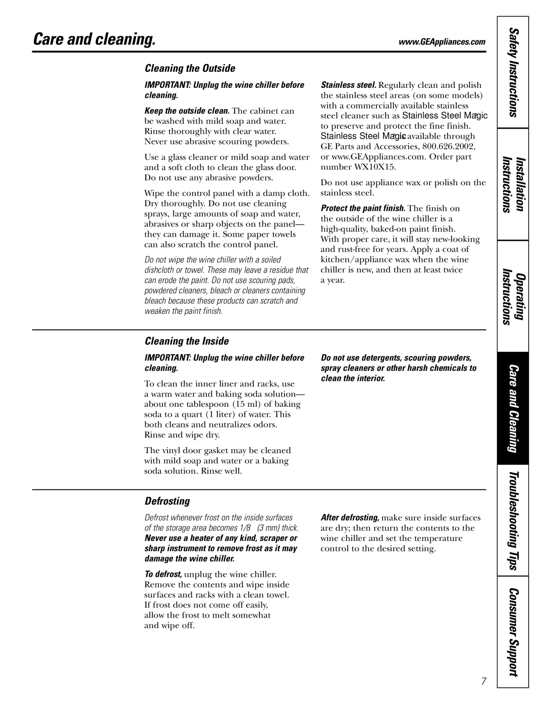 GE Profile Wine Chiller installation instructions Care and cleaning, Safety, Instructions Installation 