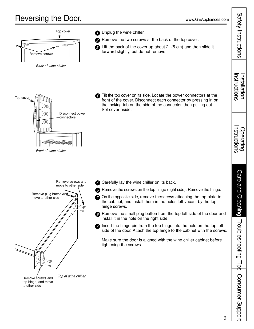 GE Profile Wine Chiller installation instructions Reversing the Door, Troubleshooting Tips 