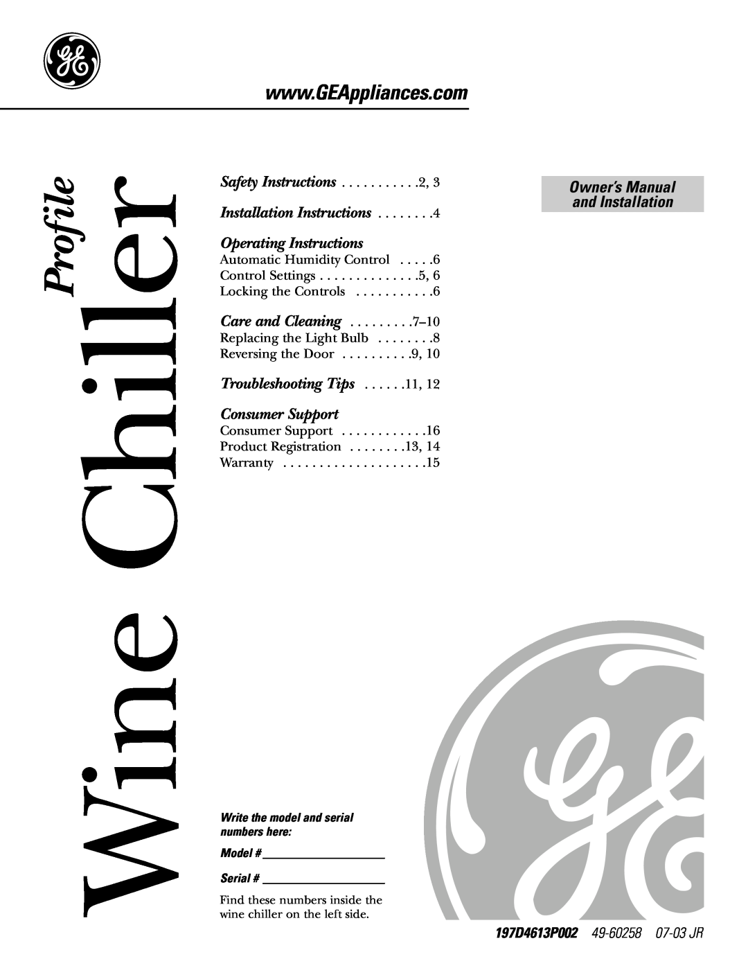 GE Profile Wine Chiller installation instructions Installation Instructions Operating Instructions 