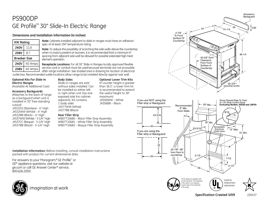 GE PS900DPCC, PS900DPWW dimensions Optional Kits For Slide-In Electric Ranges, Body Sides, Optional Lower Trim Kits 