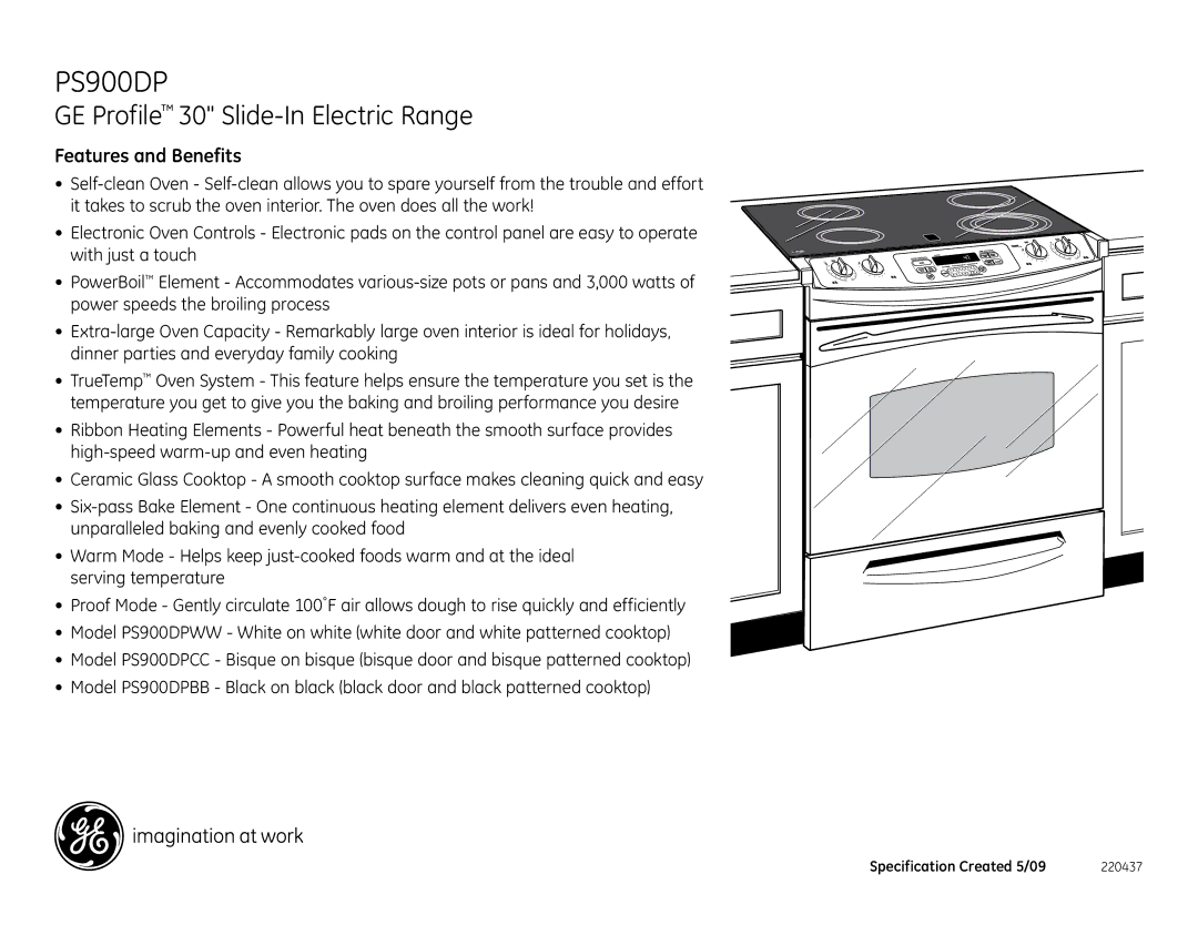 GE PS900DPBB, PS900DPWW, PS900DPCC dimensions Features and Benefits 