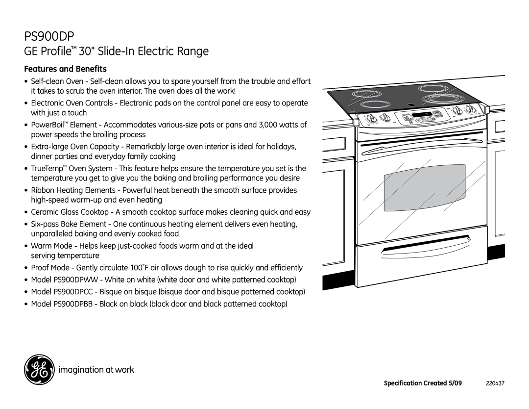 GE PS900DPBB, PS900DPWW, PS900DPCC dimensions GE Profile 30 Slide-In Electric Range, Features and Benefits 