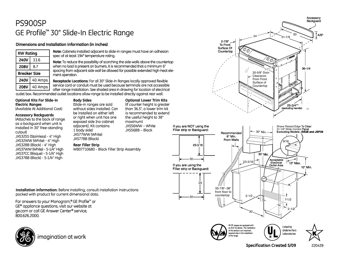 GE PS900SPSS dimensions GE Profile 30 Slide-In Electric Range, Dimensions and Installation Information in inches, 240V 