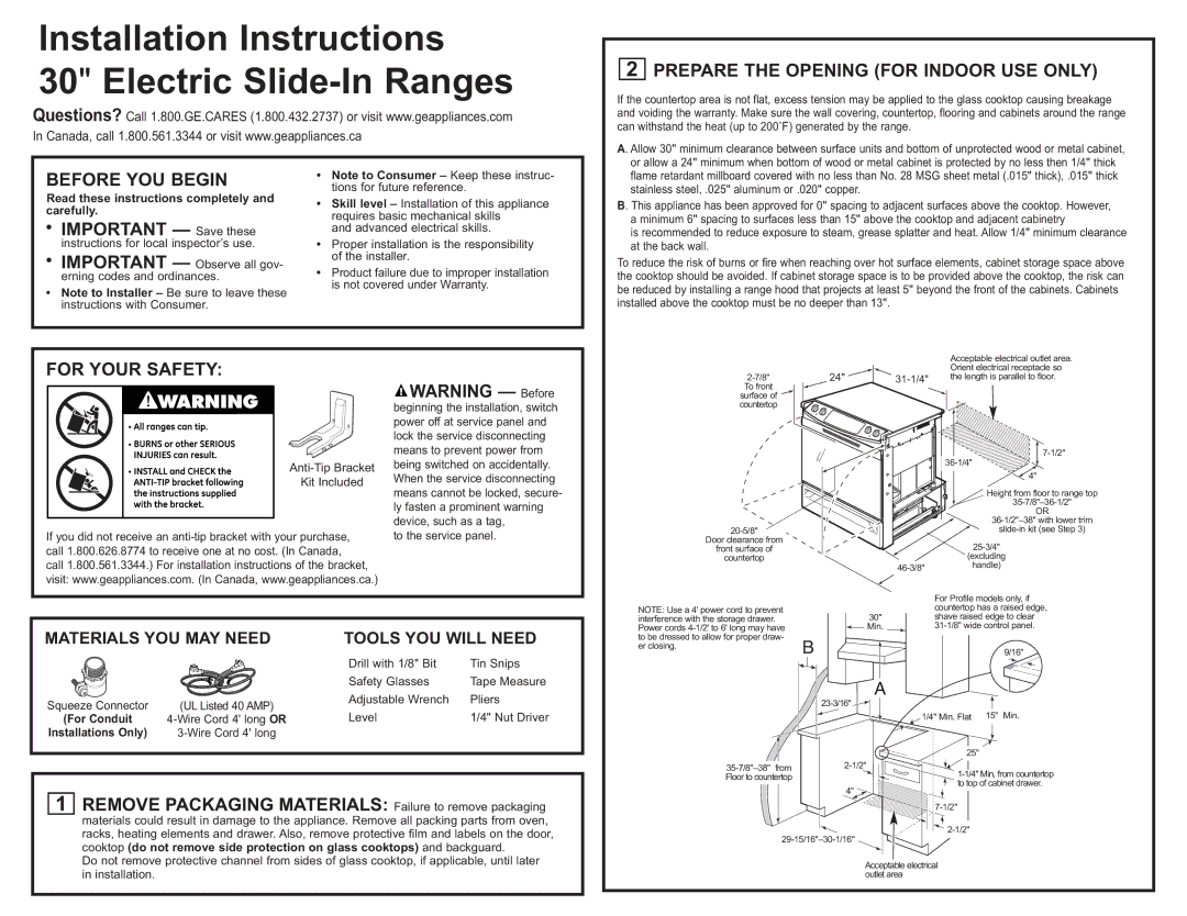 GE 31-10673 09-08 JR installation instructions Prepare the Opening for Indoor USE only, Before YOU Begin, For Your Safety 