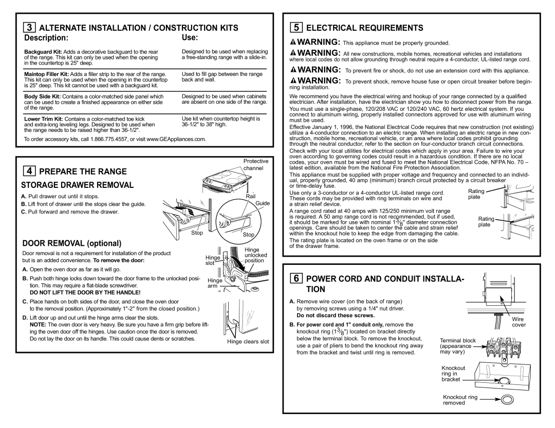 GE PS968SPSS Alternate Installation / Construction Kits, Electrical Requirements, Do not Lift the Door by the Handle 