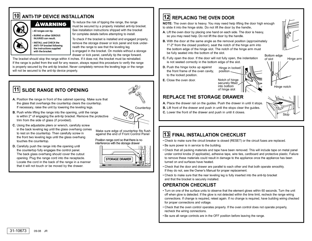 GE PS968SPSS ANTI-TIP Device Installation, Slide Range Into Opening, Replace the Storage Drawer, Operation Checklist 