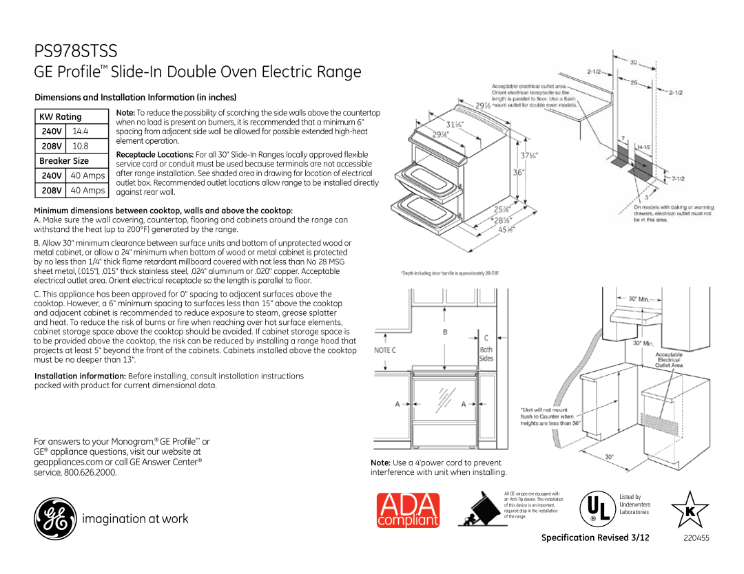 GE PS978STSS dimensions GE Profile Slide-In Double Oven Electric Range, 240V Amps 208V, Specification Revised 3/12 