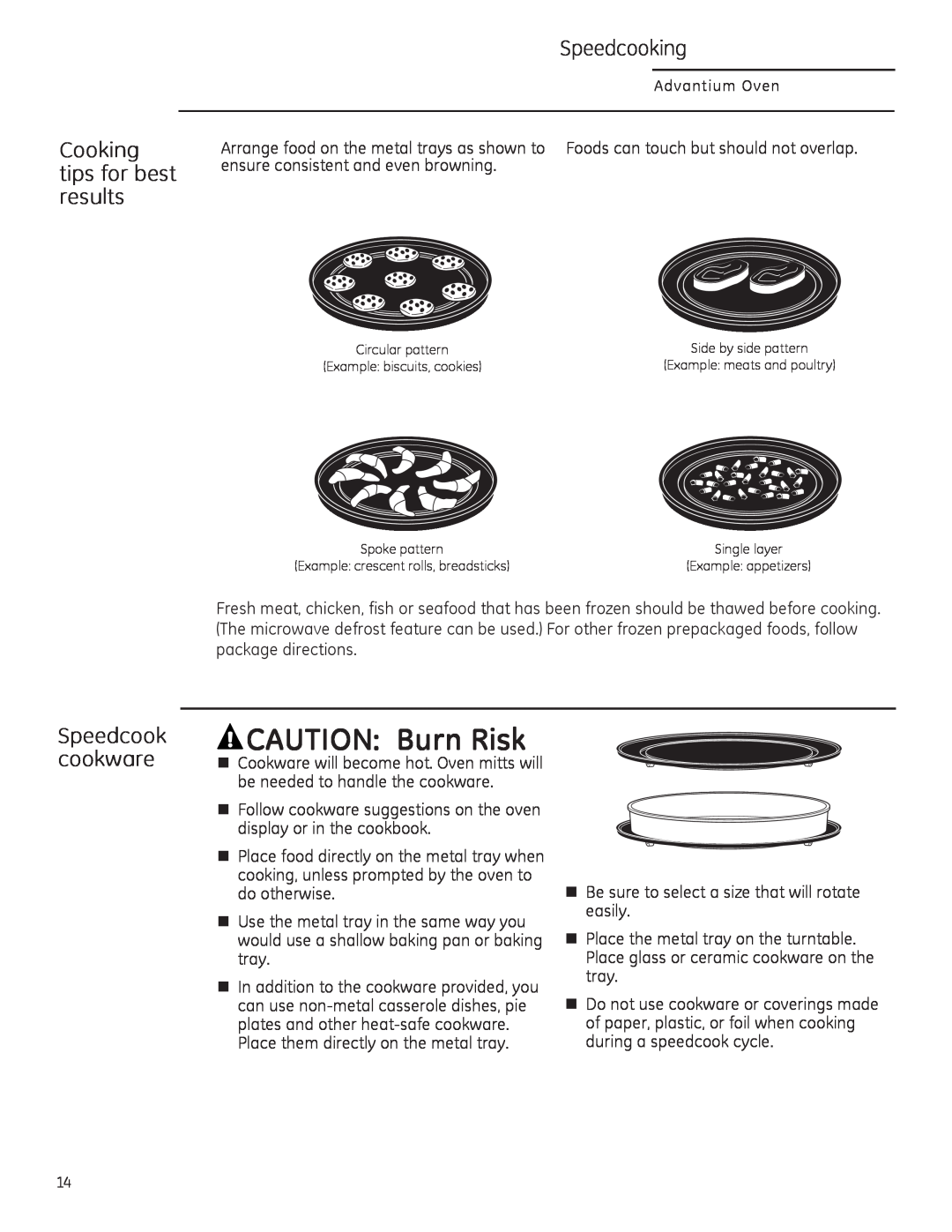 GE CSA1201, PSA1200, PSA1201 owner manual Cooking tips for best results, Speedcook cookware, CAUTION: Burn Risk, Speedcooking 