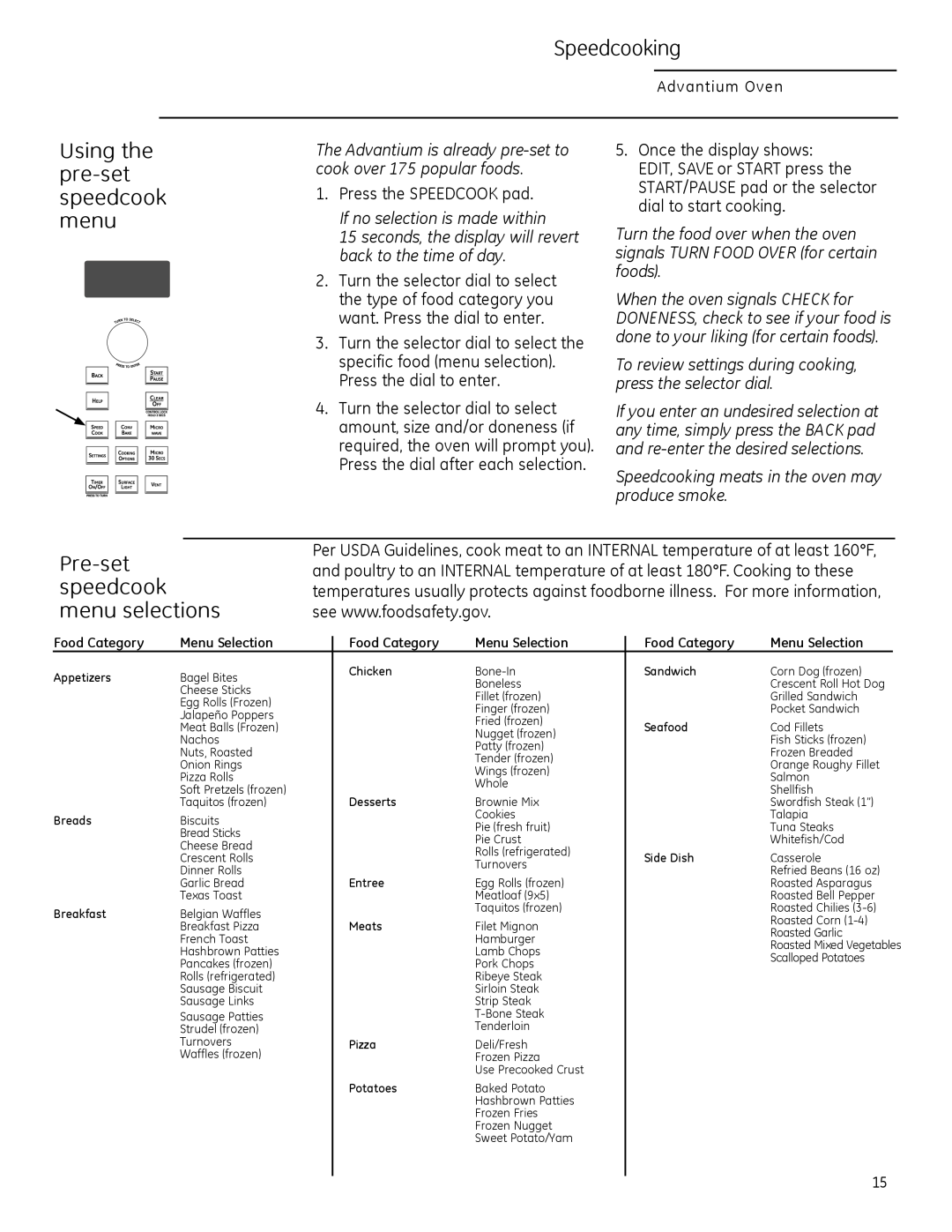 GE PSA1200 Using the pre-setspeedcook menu, Pre-setspeedcook menu selections, Speedcooking, If no selection is made within 