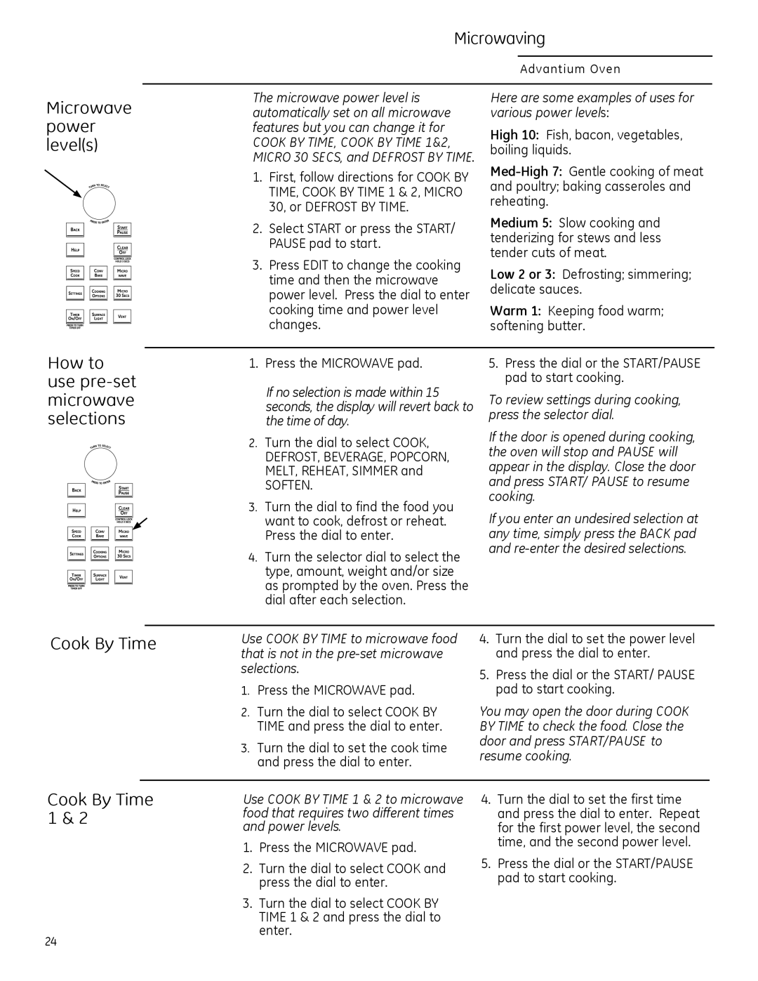 GE PSA1200 Microwave power levels, How to use pre-setmicrowave selections, Cook By Time Cook By Time 1, Microwaving 