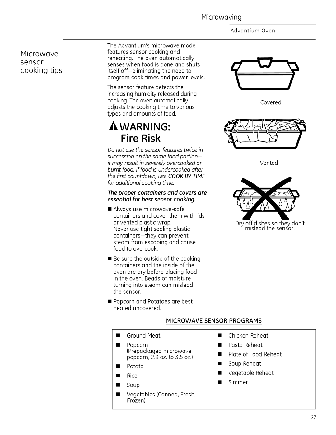 GE PSA1200, PSA1201, CSA1201 owner manual Fire Risk, Microwave sensor cooking tips, Microwave Sensor Programs, Microwaving 