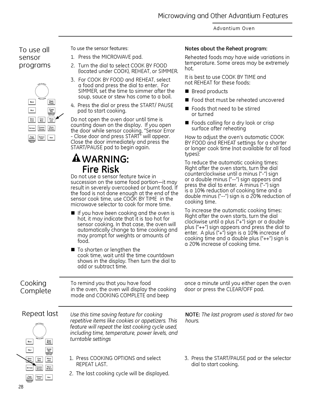 GE PSA1201 Microwaving and Other Advantium Features, To use all sensor programs, Cooking Complete Repeat last, Fire Risk 