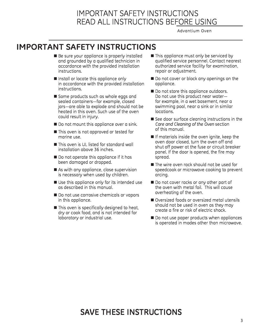 GE PSA1200, PSA1201, CSA1201 Important Safety Instructions, Read All Instructions Before Using, Save These Instructions 