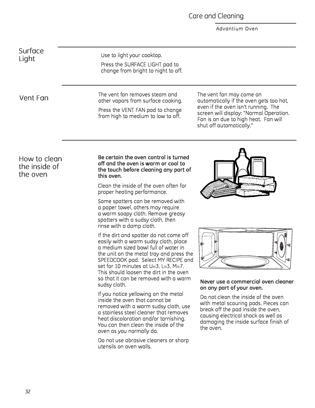 GE CSA1201, PSA1200, PSA1201 owner manual Surface Light Vent Fan, Care and Cleaning, How to clean the inside of the oven 