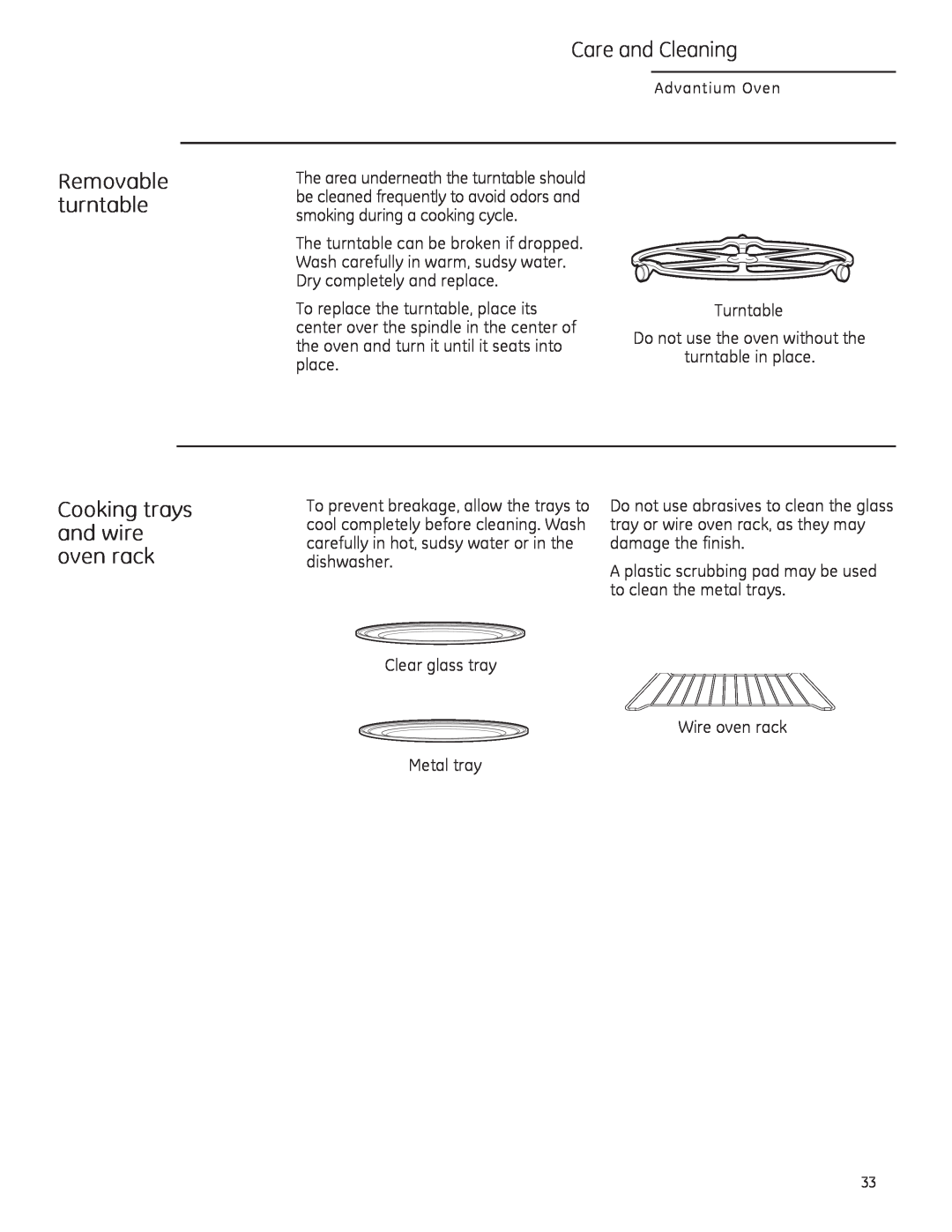 GE PSA1200, PSA1201, CSA1201 owner manual Removable turntable, Cooking trays and wire oven rack, Care and Cleaning 