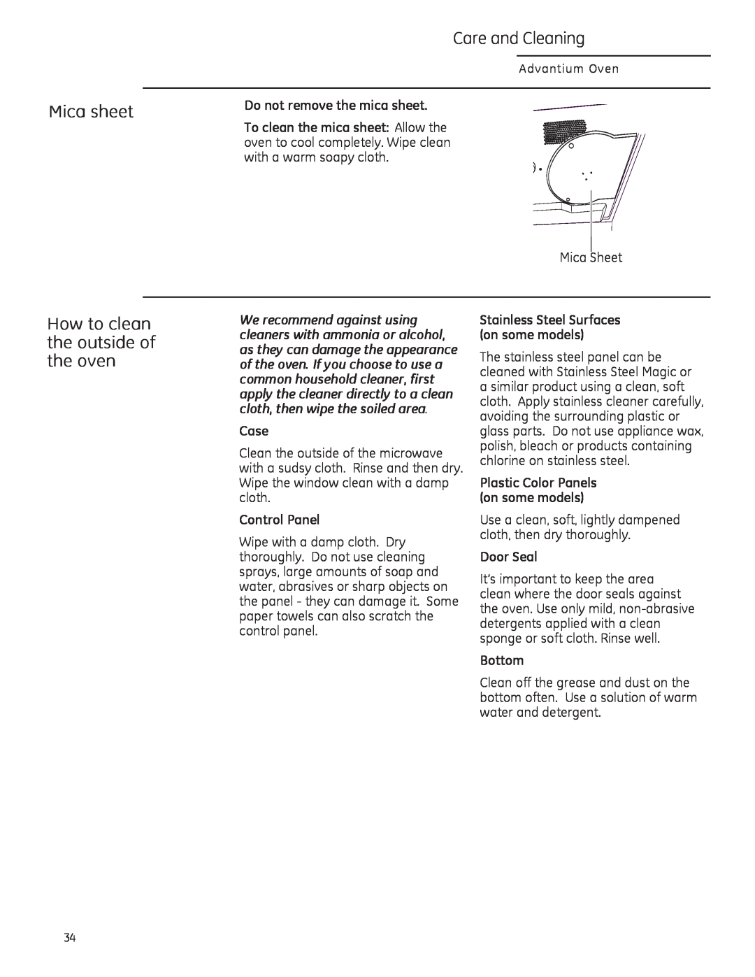 GE PSA1201 Mica sheet, How to clean the outside of the oven, Care and Cleaning, Do not remove the mica sheet, Case, Bottom 