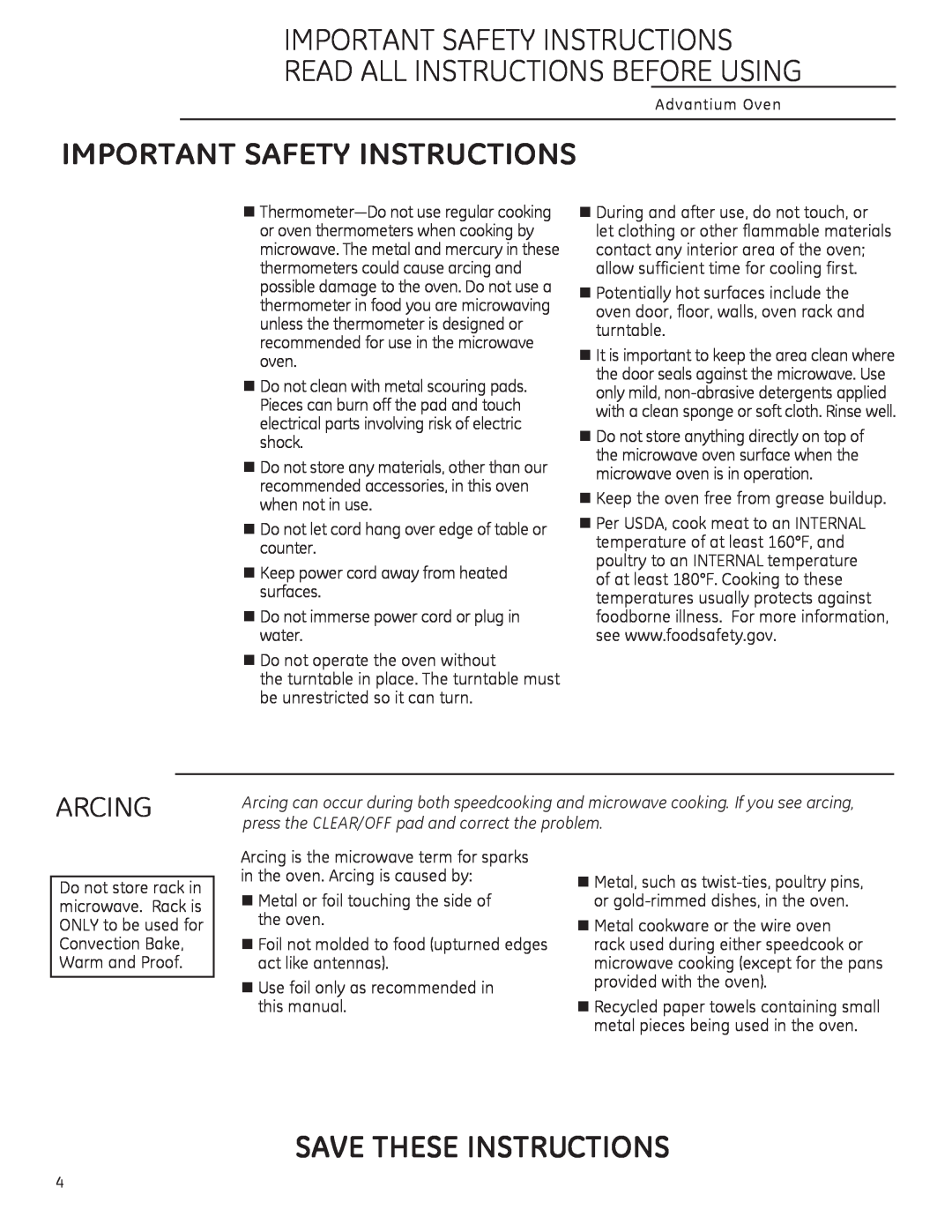 GE PSA1201, PSA1200 Arcing, Important Safety Instructions, Read All Instructions Before Using, Save These Instructions 