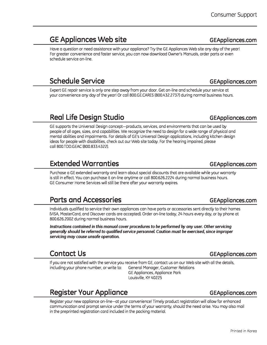 GE PSA1201 GE Appliances Web site, Schedule Service, Real Life Design Studio, Extended Warranties, Parts and Accessories 