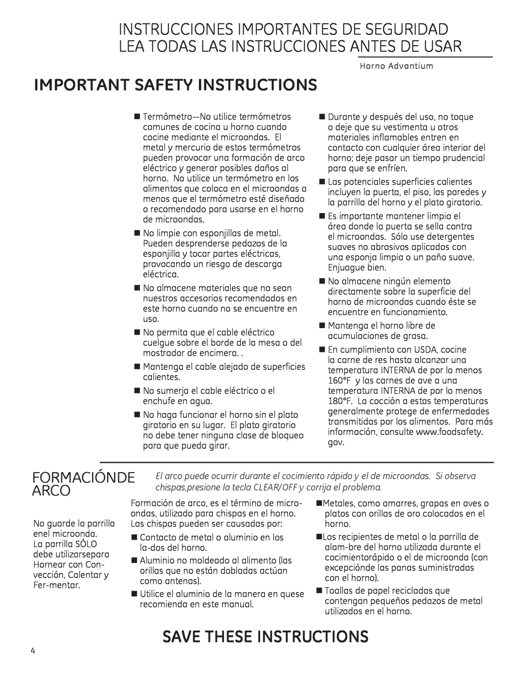 GE CSA1201 Important Safety Instructions, Save These Instructions, Arco, Formaciónde, No guarde la parrilla, horno 
