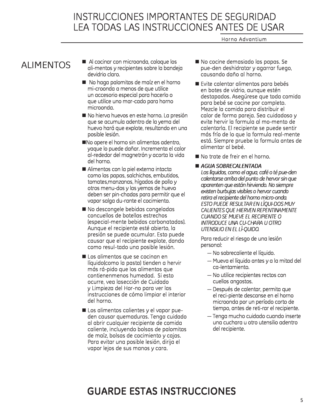 GE PSA1200, PSA1201, CSA1201 owner manual Alimentos, Guarde Estas Instrucciones, nAGUA SOBRECALENTADA 