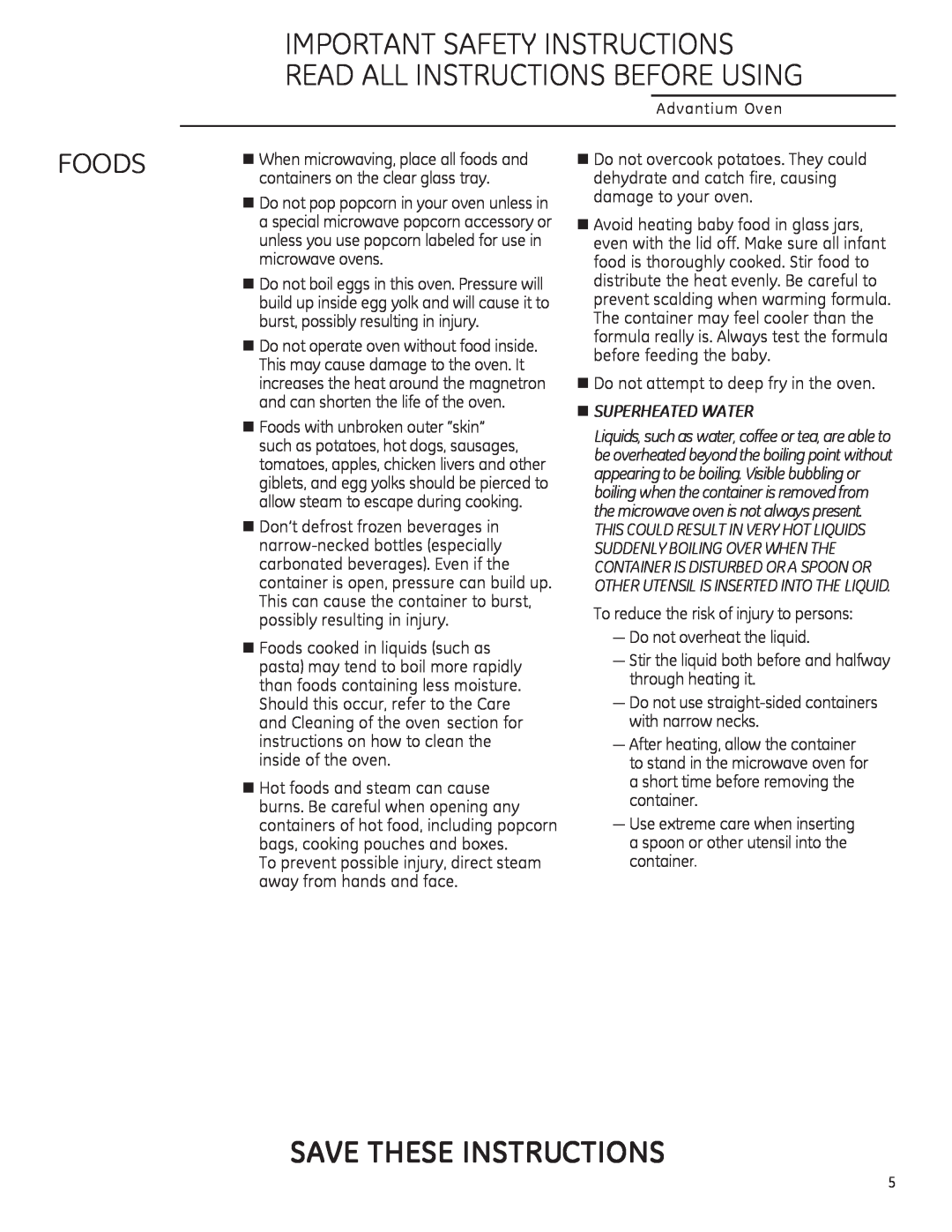 GE CSA1201, PSA1200, PSA1201 owner manual Foods, Save These Instructions, nSUPERHEATED WATER 