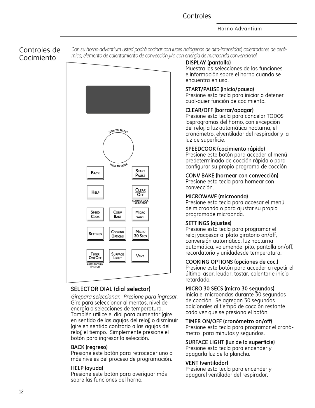 GE PSA1201, PSA1200, CSA1201 owner manual Controles de Cocimiento, SELECTOR DIAL dial selector 