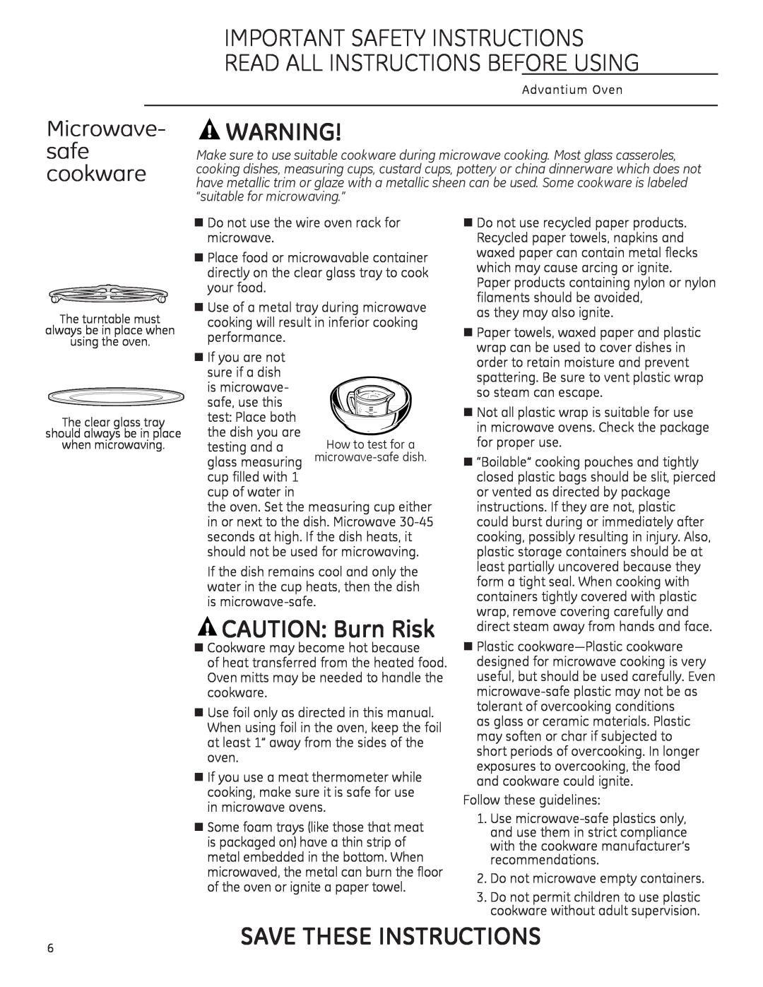 GE PSA1200, PSA1201, CSA1201 owner manual CAUTION: Burn Risk, Microwave- safe cookware, Save These Instructions 