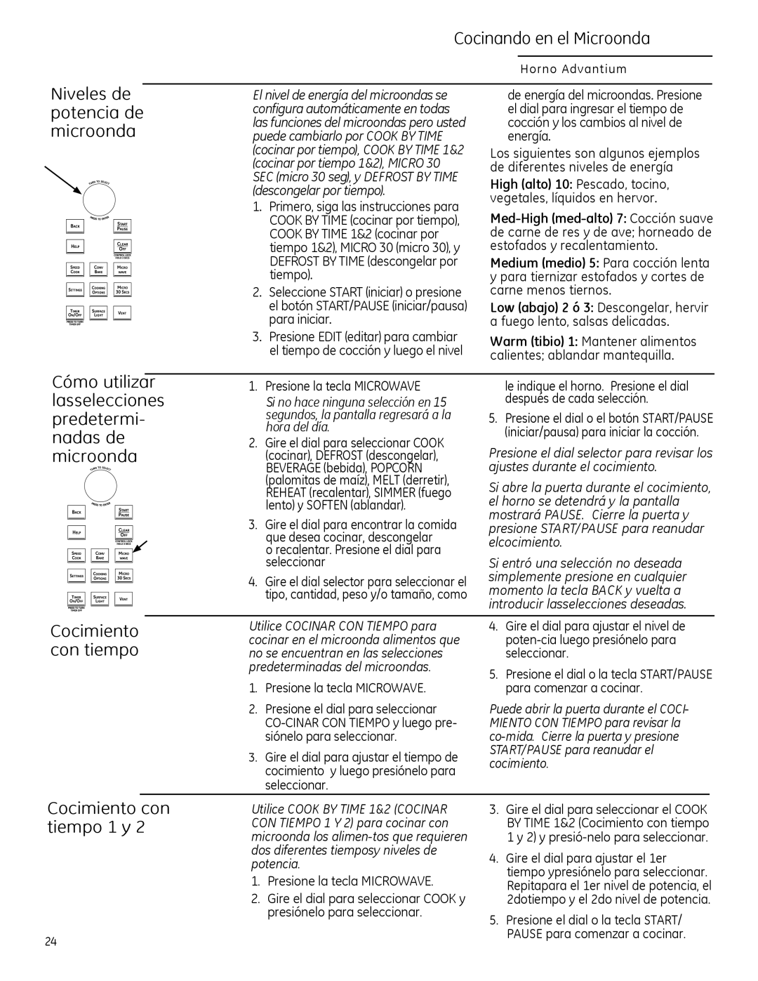 GE PSA1201 Niveles de potencia de microonda, Cocimiento con tiempo Cocimiento con tiempo 1 y, Cocinando en el Microonda 