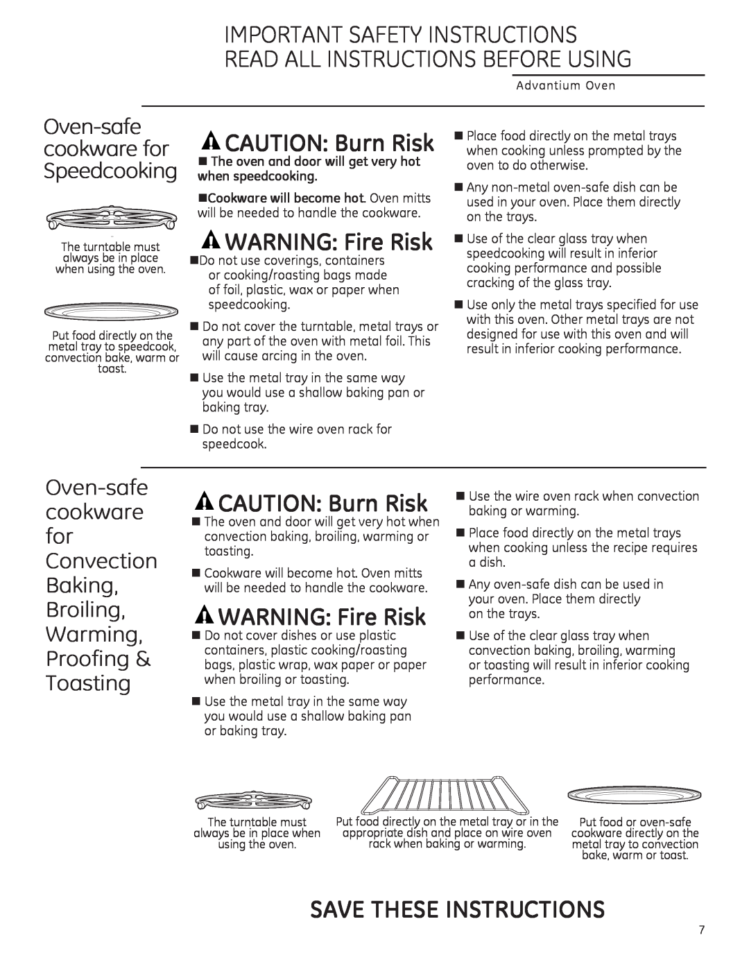 GE PSA1201, PSA1200 WARNING: Fire Risk, Oven-safecookware for Speedcooking, Save These Instructions, CAUTION: Burn Risk 