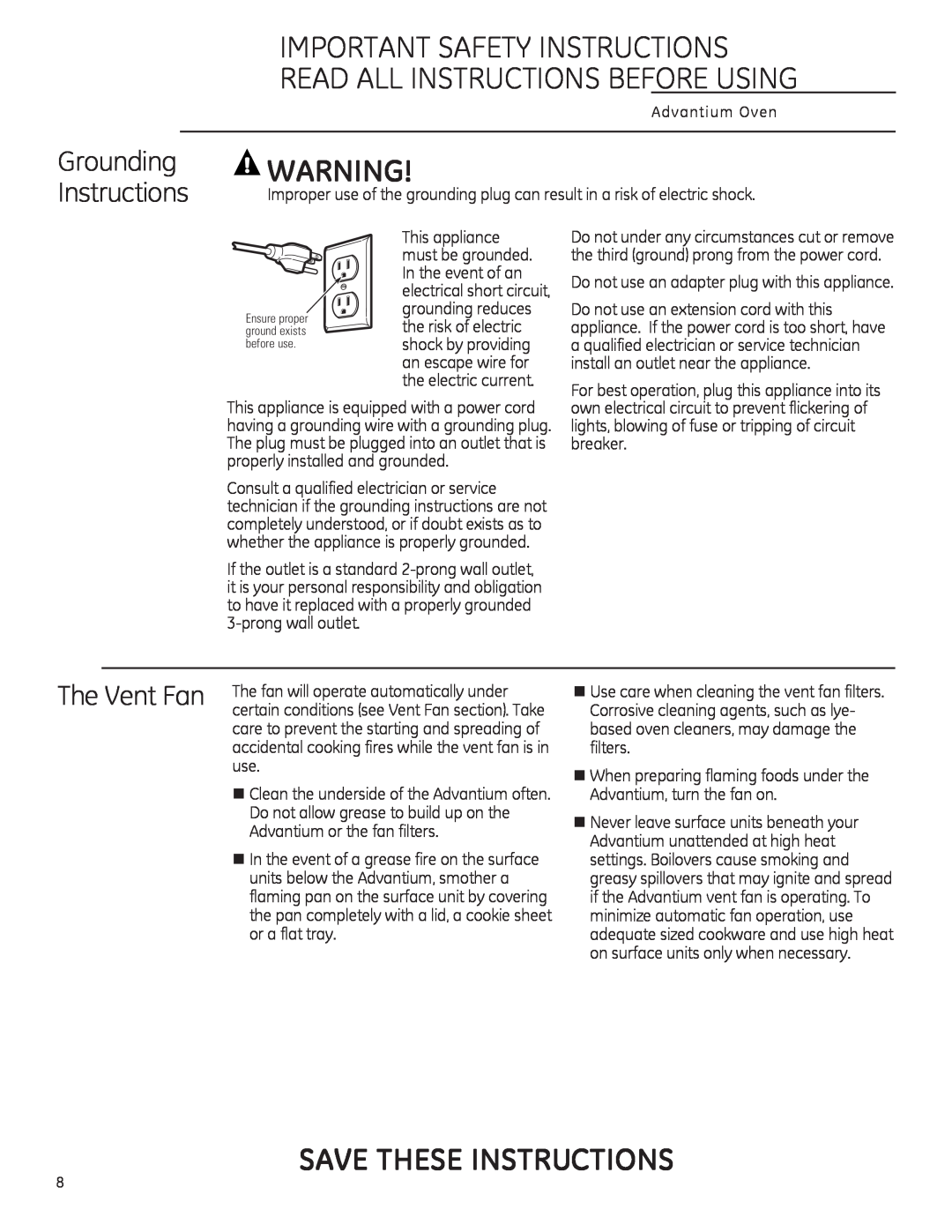 GE CSA1201, PSA1200, PSA1201 owner manual The Vent Fan, Save These Instructions, Grounding Instructions 