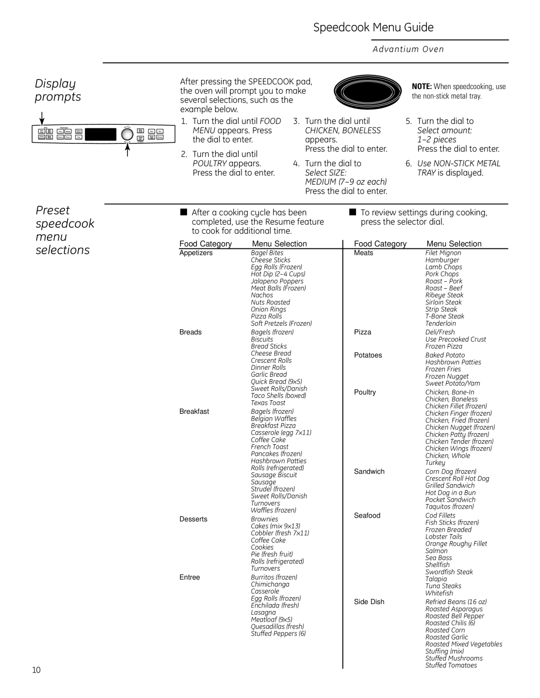 GE PSB1201, PSB1200 owner manual Display prompts, Speedcook Menu Guide 