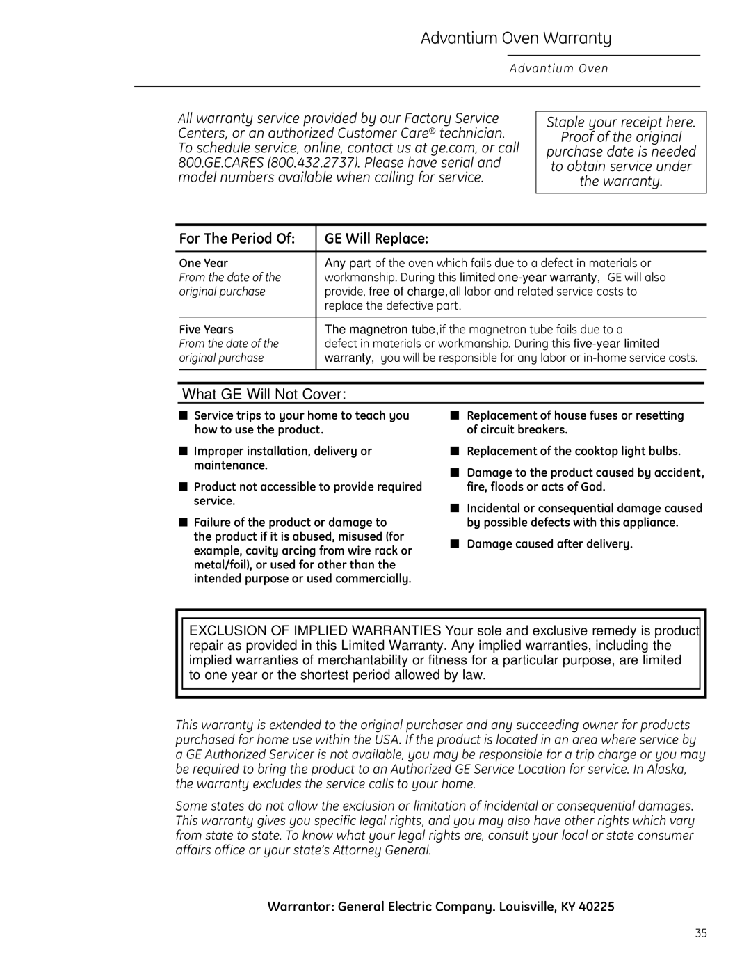 GE PSB1200, PSB1201 owner manual Advantium Oven Warranty, Warrantor General Electric Company. Louisville, KY 