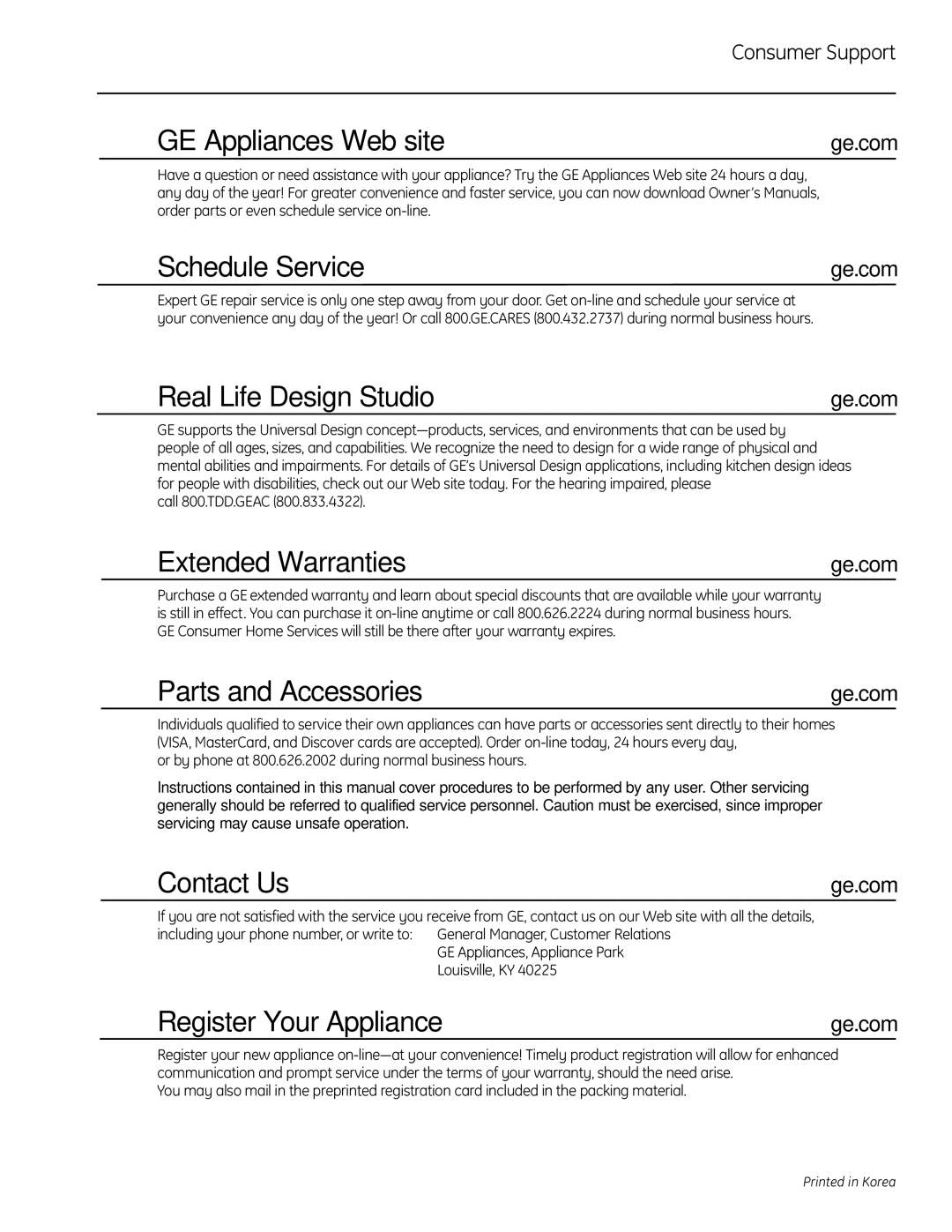 GE PSB1201, PSB1200 owner manual Schedule Service, Consumer Support 