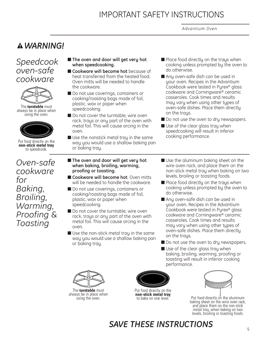 GE PSB1200, PSB1201 owner manual Speedcook oven-safe cookware, Oven and door will get very hot when speedcooking 