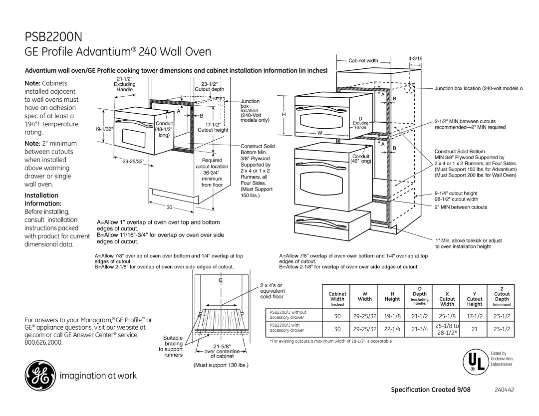 GE PSB2200NBB, PSB2200NWW dimensions Installation Information, Before installing, Specification Created 9/08 