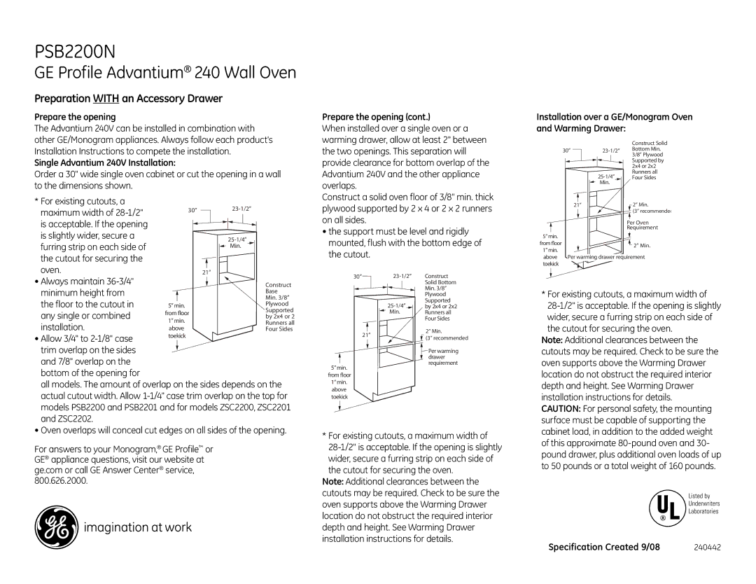 GE PSB2200NWW, PSB2200NBB dimensions Prepare the opening, Single Advantium 240V Installation 