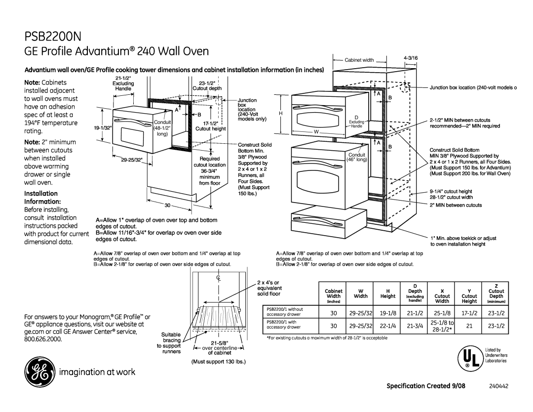 GE PSB2200NBB dimensions GE Profile Advantium 240 Wall Oven, Installation Information, Specification Created 9/08 