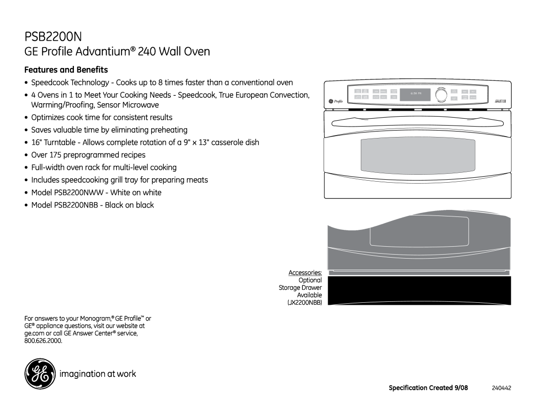 GE PSB2200NBB, PSB2200NWW dimensions GE Profile Advantium 240 Wall Oven, Features and Benefits 