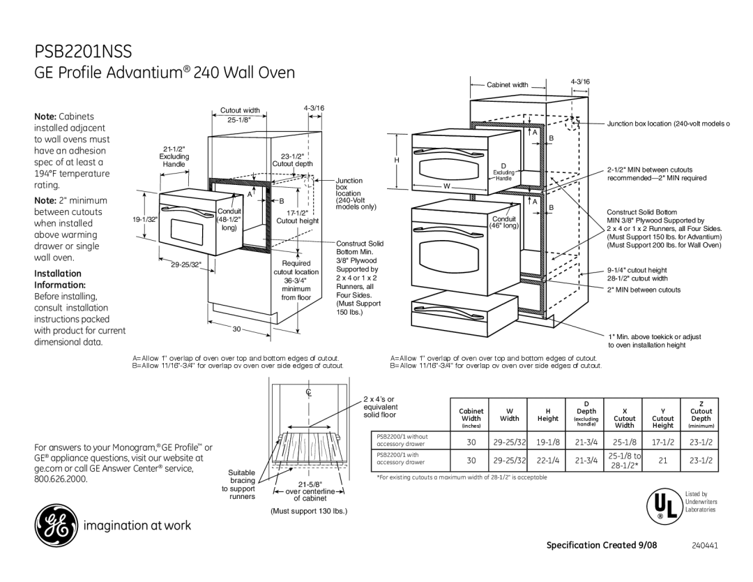 GE PSB2201NSS dimensions Installation, Information, Specification Created 9/08 