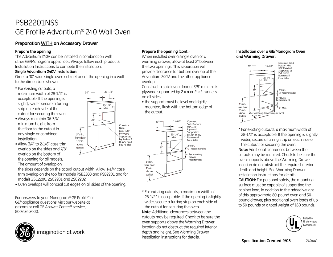 GE PSB2201NSS dimensions Prepare the opening, Single Advantium 240V Installation 