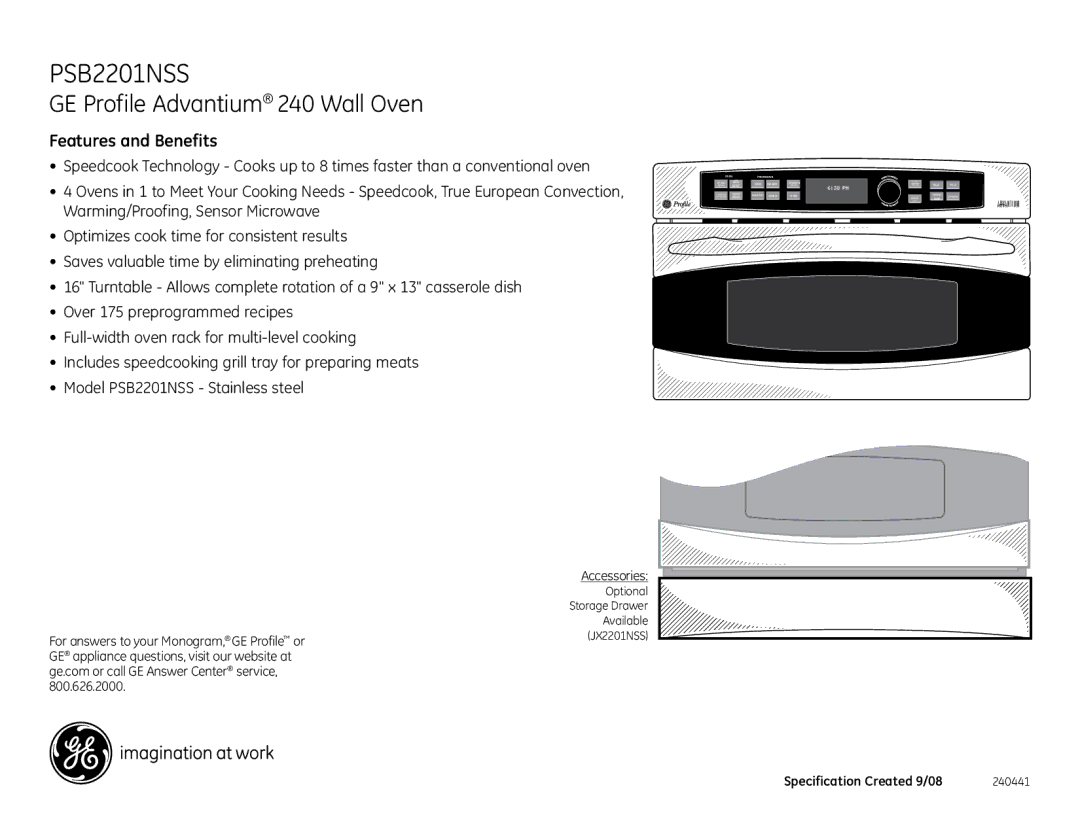 GE PSB2201NSS dimensions Features and Benefits, Accessories 