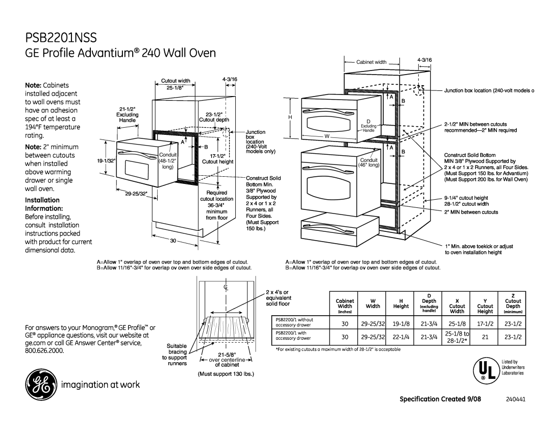 GE PSB2201NSS dimensions GE Profile Advantium 240 Wall Oven, Installation, Information, Specification Created 9/08 