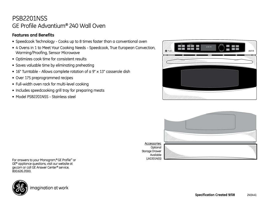 GE PSB2201NSS dimensions GE Profile Advantium 240 Wall Oven, Features and Benefits 