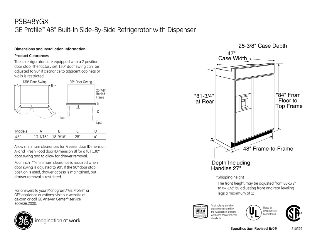 GE PSB48YGX, PSB42LGR dimensions Dimensions and Installation Information Product Clearances, Specification Revised 6/09 