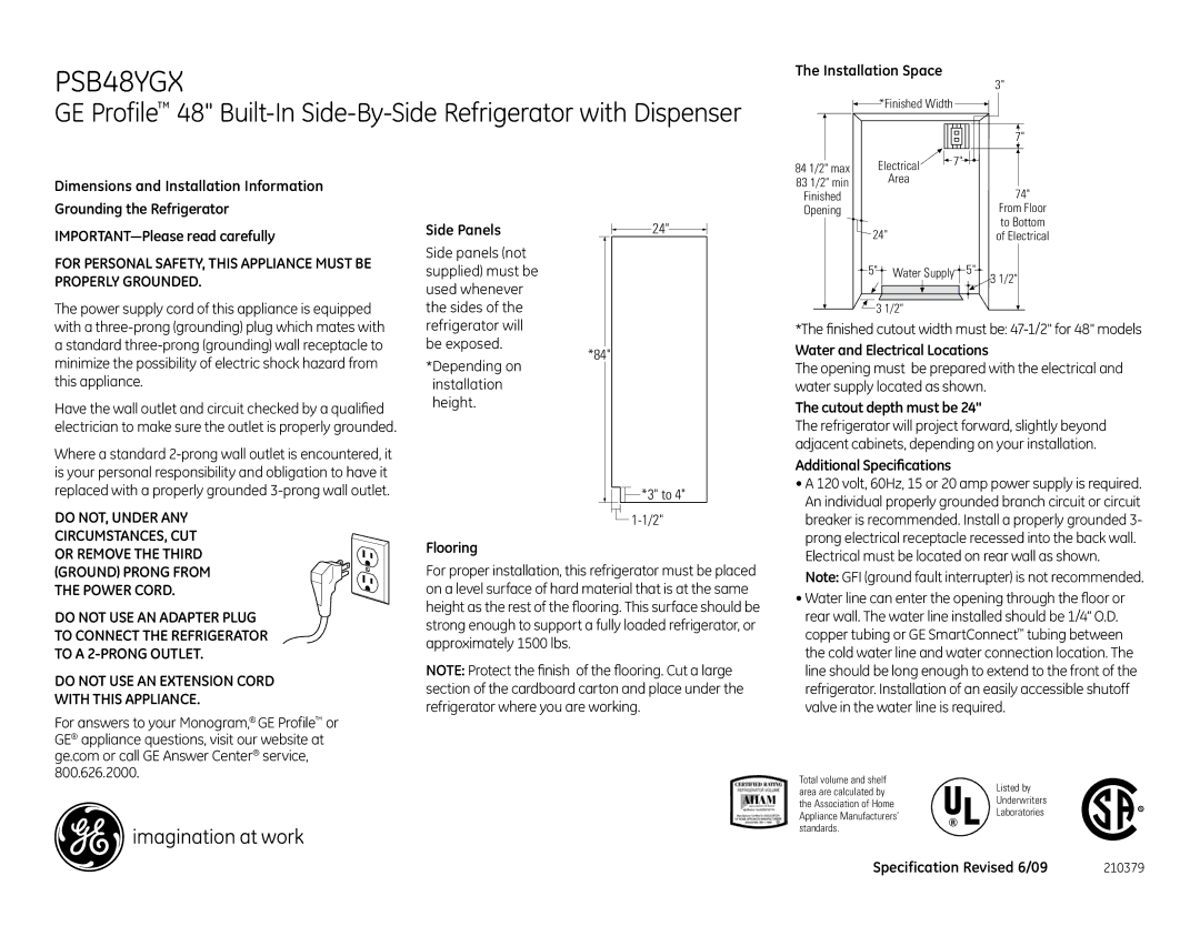 GE PSB42LGR Installation Space, Flooring, Water and Electrical Locations, Cutout depth must be, Additional Specifications 